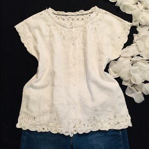 DELUXE blouse  linen Summer top white Sz M EUC
